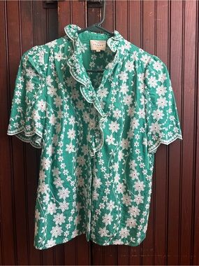 Sezane Dahlia Shirt - Green Floral Embroidered Ruffle Collar Shirt